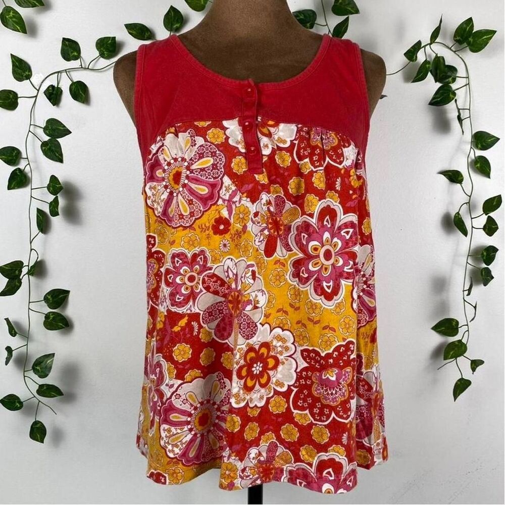 Y2k Red & yellow floral cotton tank top fairy whimsy twee button front flowers